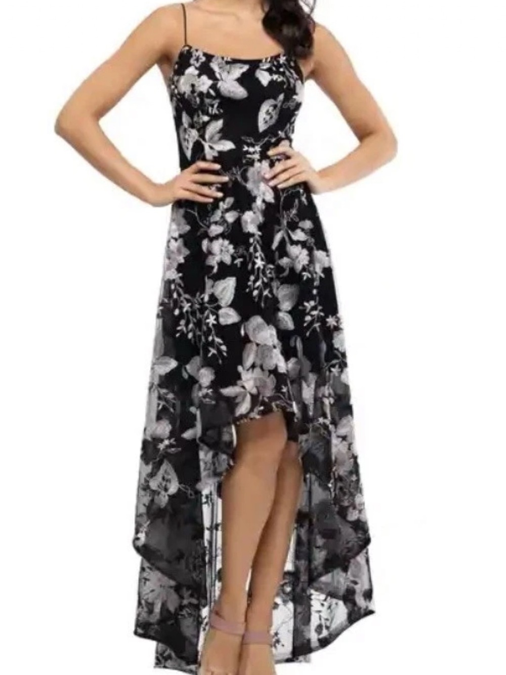 Xscape Black & White Floral High-Low Slip Dress
